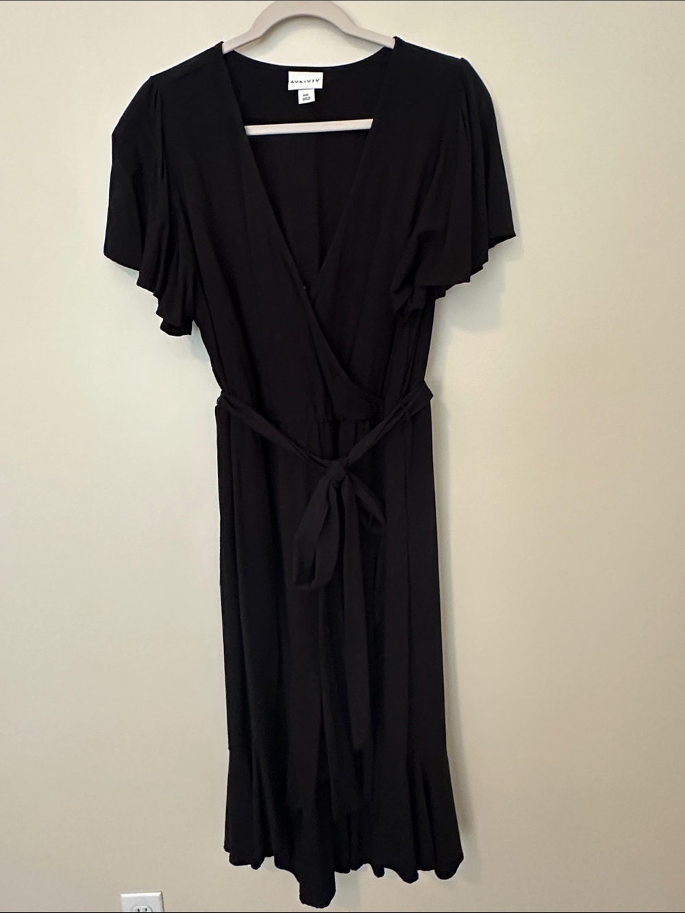 Ava & Viv Black Flutter-Sleeve Wrap Midi Dress